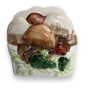 Vintage 1970s Mushroom Frogs Napkin Holder Mid Century Ceramic 4.5 Inch tall